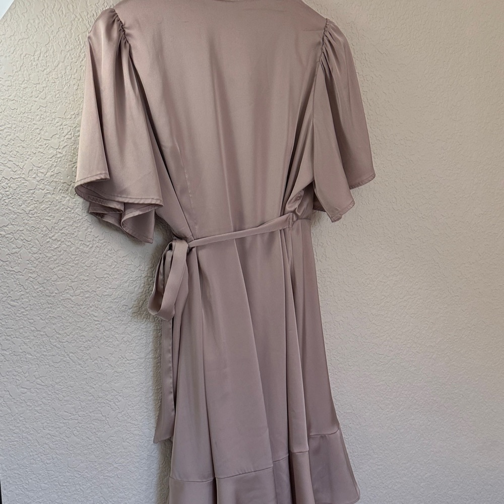 Satin‎ Wrap Dress in Champagne With Ruffled Asymmetric Hem - Picture 13 of 16